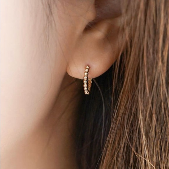 Real 14k Gold Beaded Hoop Earrings Minimalist Everyday Fine Jewelry